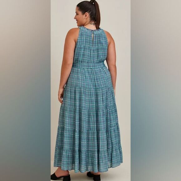 Torrid Maxi Sleeveless Green Plaid Tiered Dress NWT - Perfect for Summer! - Picture 4 of 10